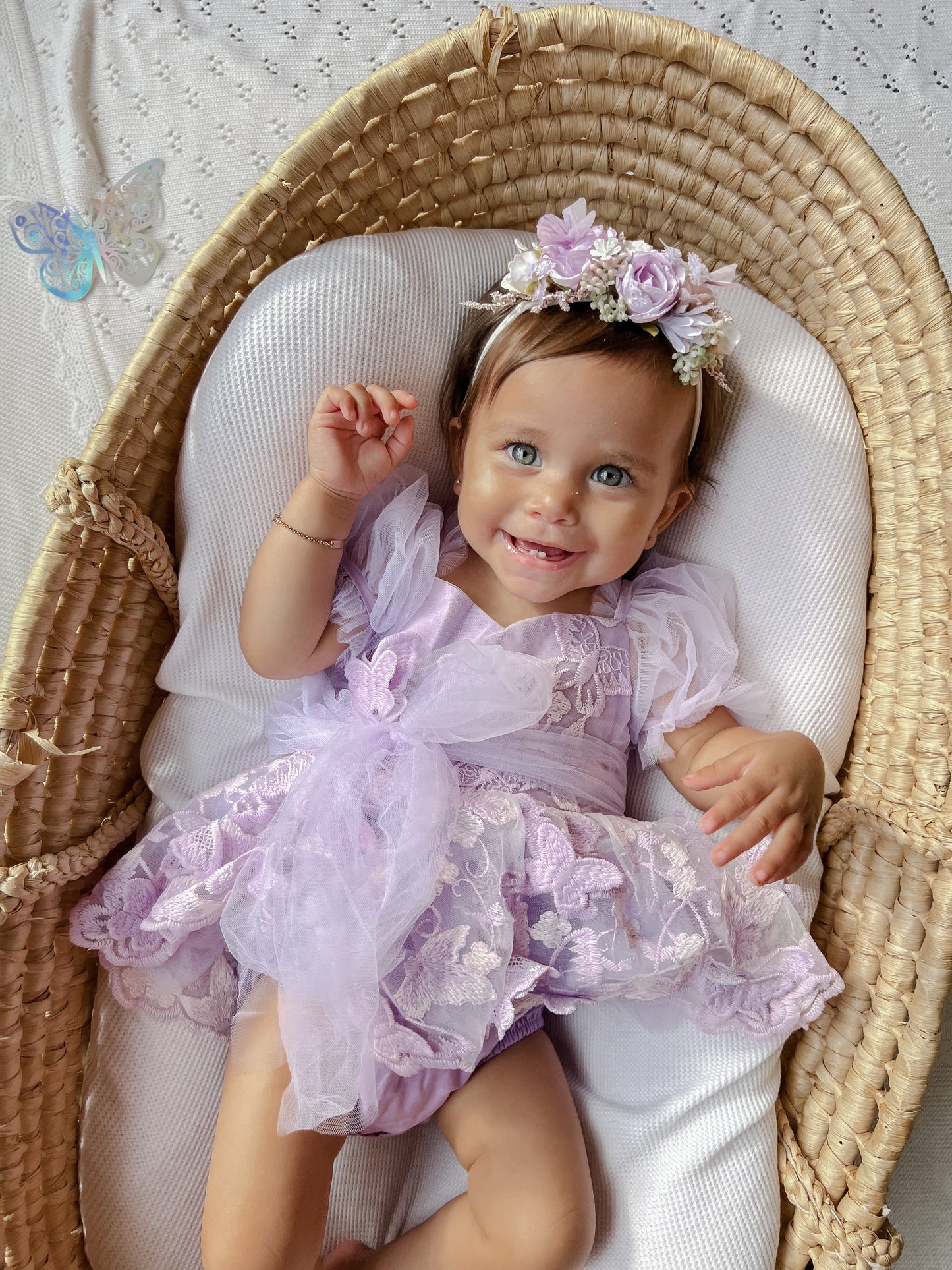 Butterfly Kisses Lilac Pink Rose Embroidered Baby Girl Tulle Party Romper