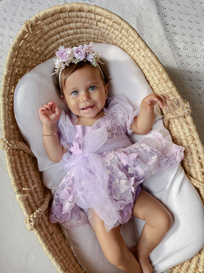Butterfly Kisses Lilac Pink Rose Embroidered Baby Girl Tulle Party Romper