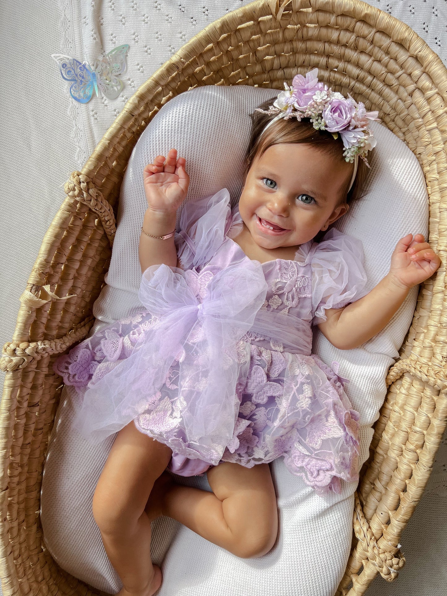 Butterfly Kisses Lilac Pink Rose Embroidered Baby Girl Tulle Party Romper
