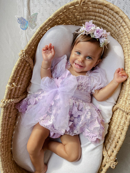 Butterfly Kisses Lilac Pink Rose Embroidered Baby Girl Tulle Party Romper