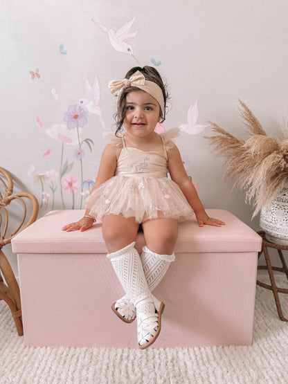 The Rose Champagne Embroidered Baby Girl Tulle Party Romper