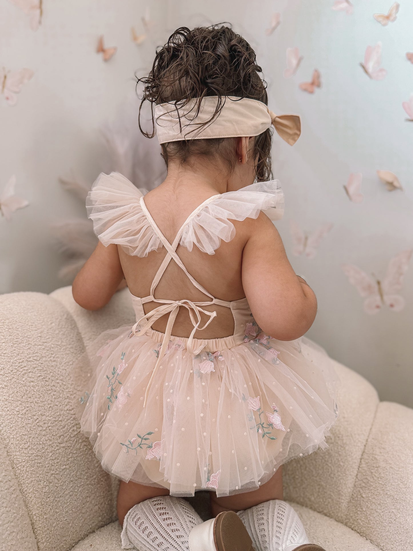 The Rose Champagne Embroidered Baby Girl Tulle Party Romper