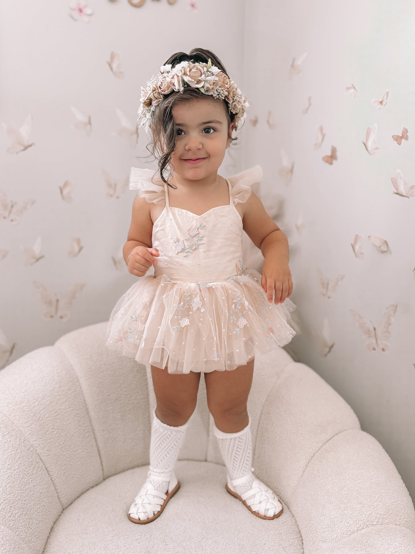 The Rose Champagne Embroidered Baby Girl Tulle Party Romper