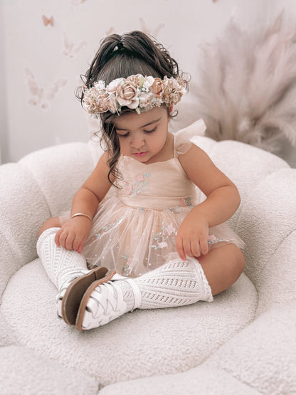 The Rose Champagne Embroidered Baby Girl Tulle Party Romper