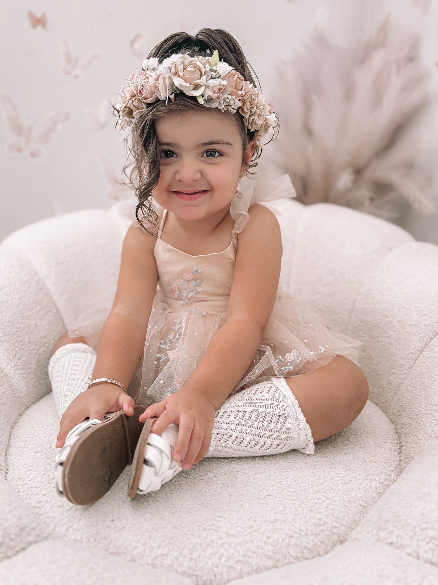The Rose Champagne Embroidered Baby Girl Tulle Party Romper