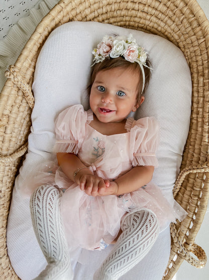 Swan Lake Ballerina Pink Embroidered Baby Girl Tulle Party Romper