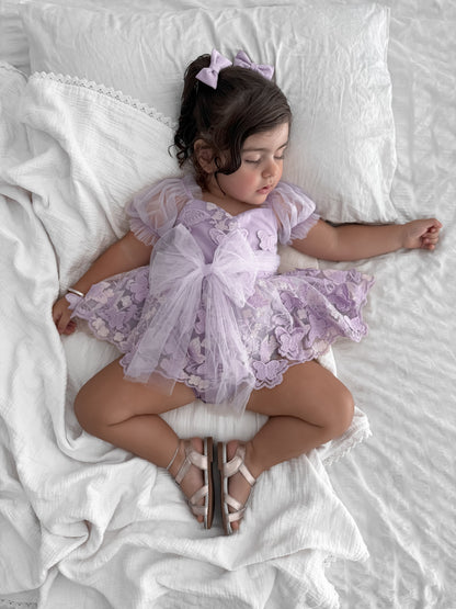 Butterfly Kisses Lilac Pink Rose Embroidered Baby Girl Tulle Party Romper
