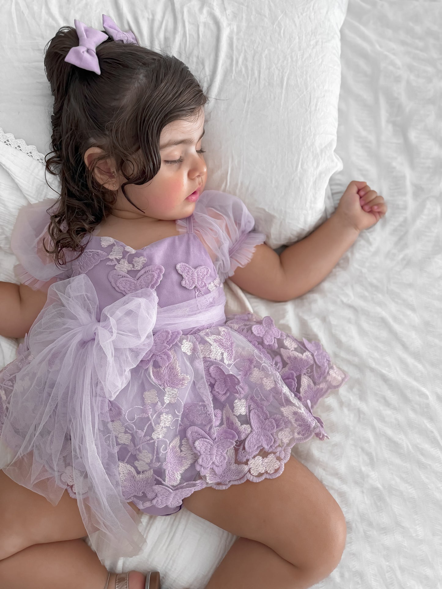 Butterfly Kisses Lilac Pink Rose Embroidered Baby Girl Tulle Party Romper