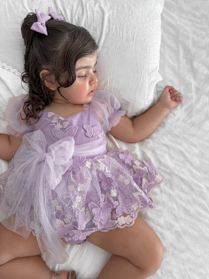 Butterfly Kisses Lilac Pink Rose Embroidered Baby Girl Tulle Party Romper