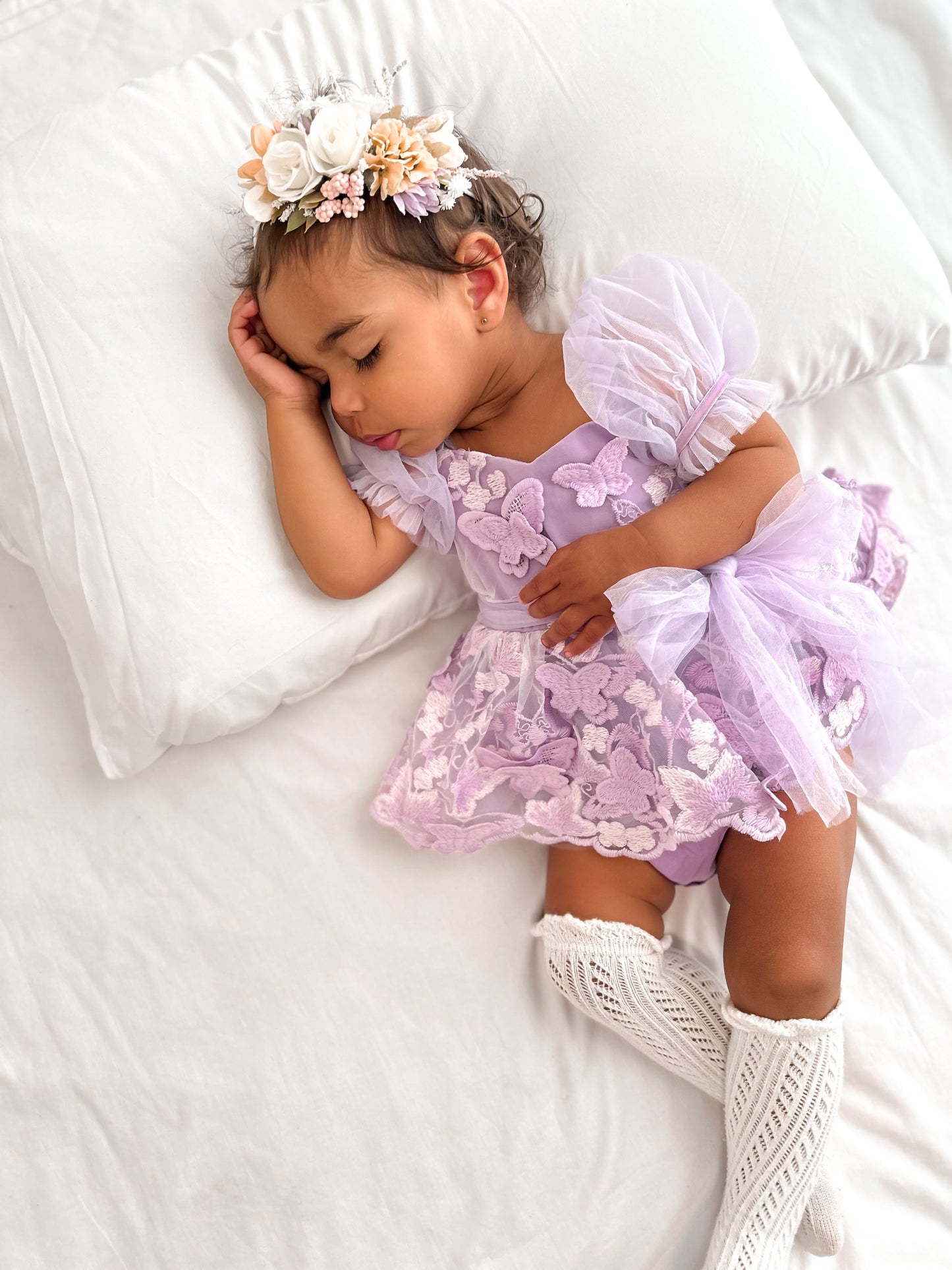 Butterfly Kisses Lilac Pink Rose Embroidered Baby Girl Tulle Party Romper