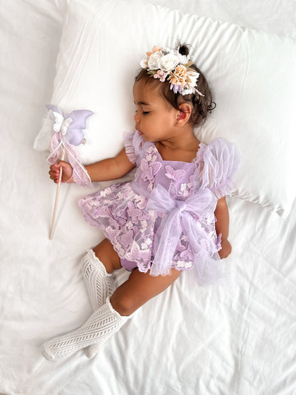 Butterfly Kisses Lilac Pink Rose Embroidered Baby Girl Tulle Party Romper