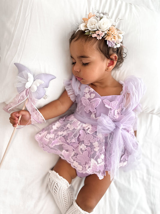 Butterfly Kisses Lilac Pink Rose Embroidered Baby Girl Tulle Party Romper
