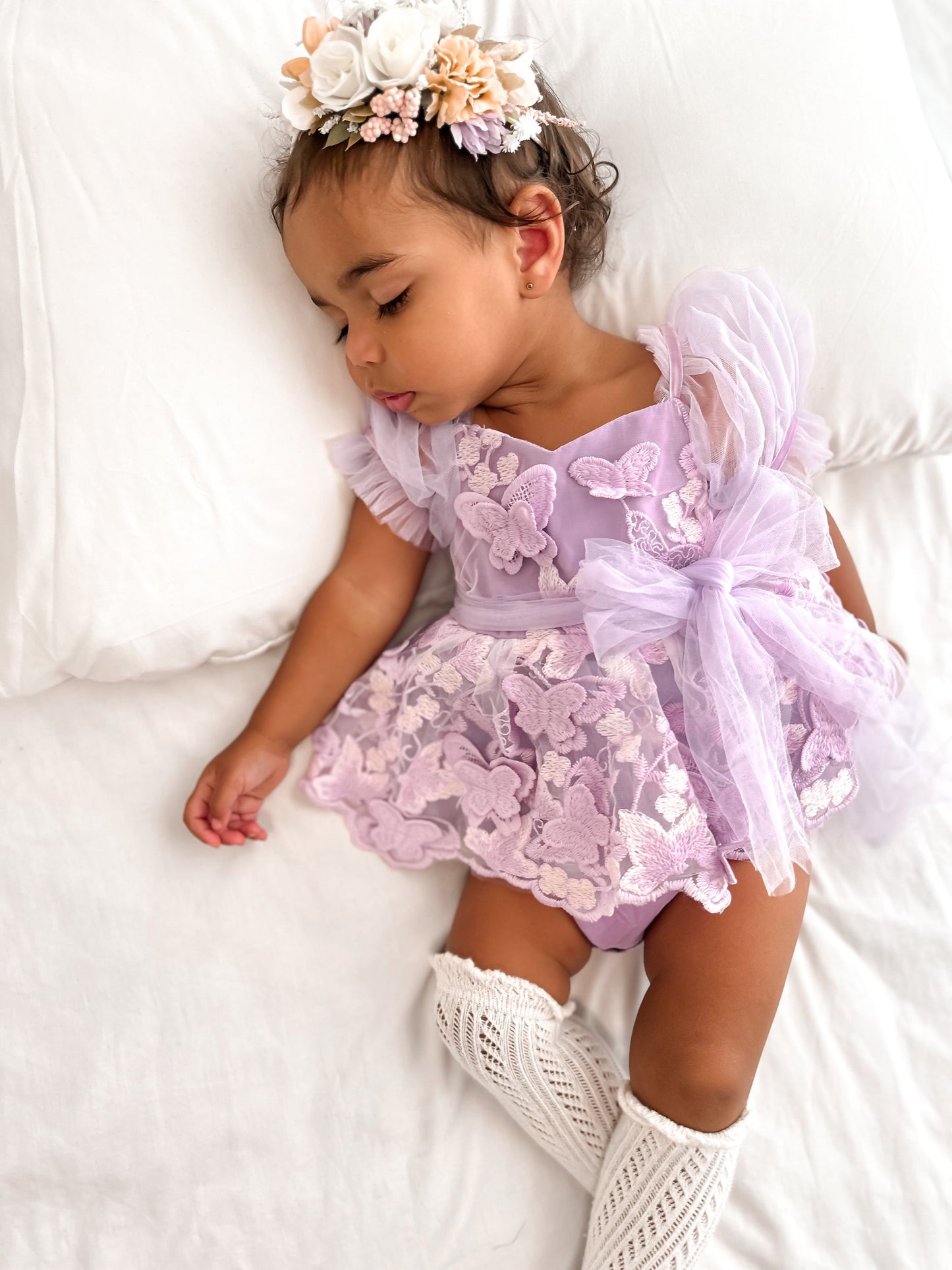 Butterfly Kisses Lilac Pink Rose Embroidered Baby Girl Tulle Party Romper