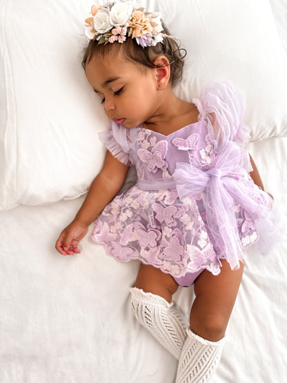 Butterfly Kisses Lilac Pink Rose Embroidered Baby Girl Tulle Party Romper