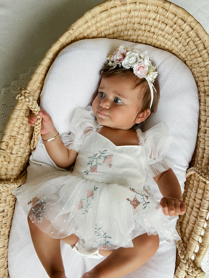 Swan Lake White Embroidered Baby Girl Tulle Party Romper