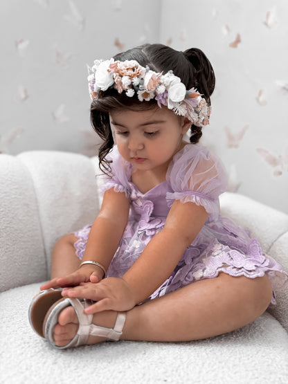 Butterfly Kisses Lilac Pink Rose Embroidered Baby Girl Tulle Party Romper