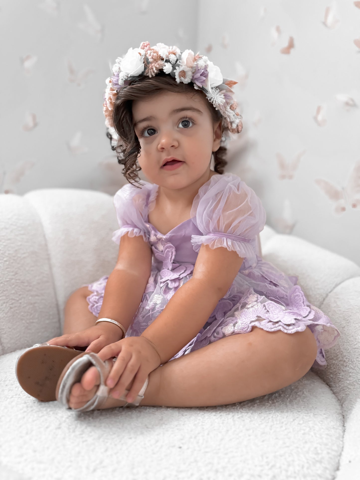 Butterfly Kisses Lilac Pink Rose Embroidered Baby Girl Tulle Party Romper