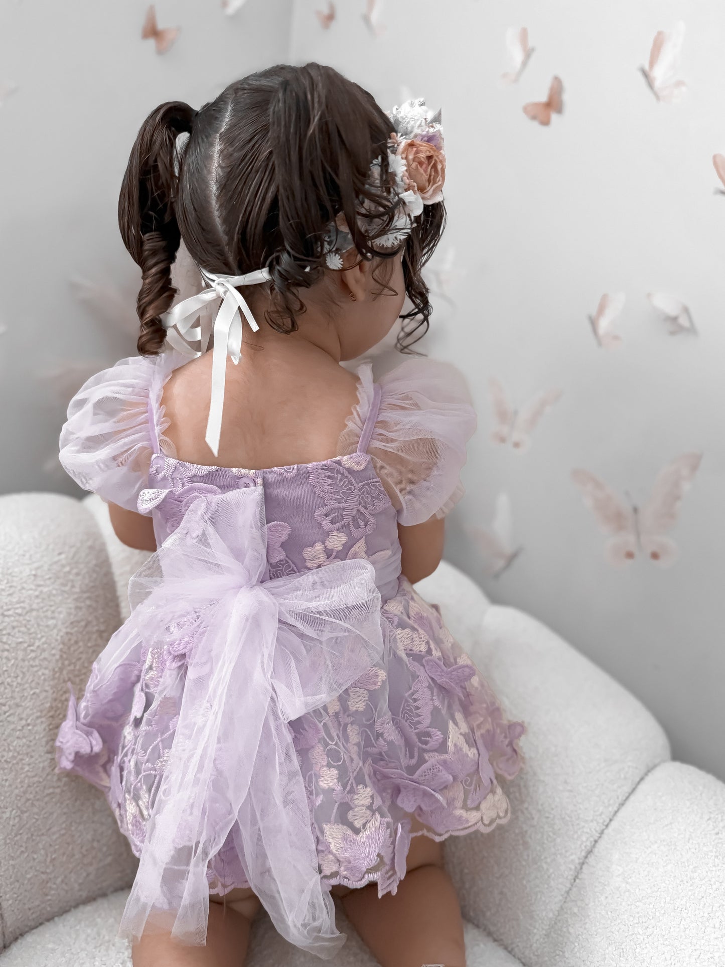 Butterfly Kisses Lilac Pink Rose Embroidered Baby Girl Tulle Party Romper