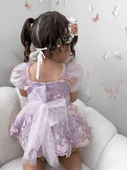 Butterfly Kisses Lilac Pink Rose Embroidered Baby Girl Tulle Party Romper