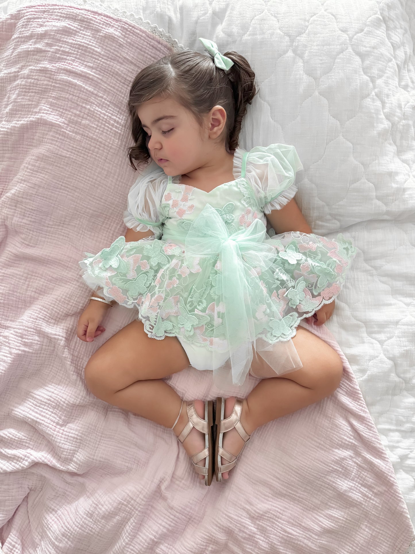 Butterfly Kisses Peppermint Pink Embroidered Baby Girl Tulle Party Romper