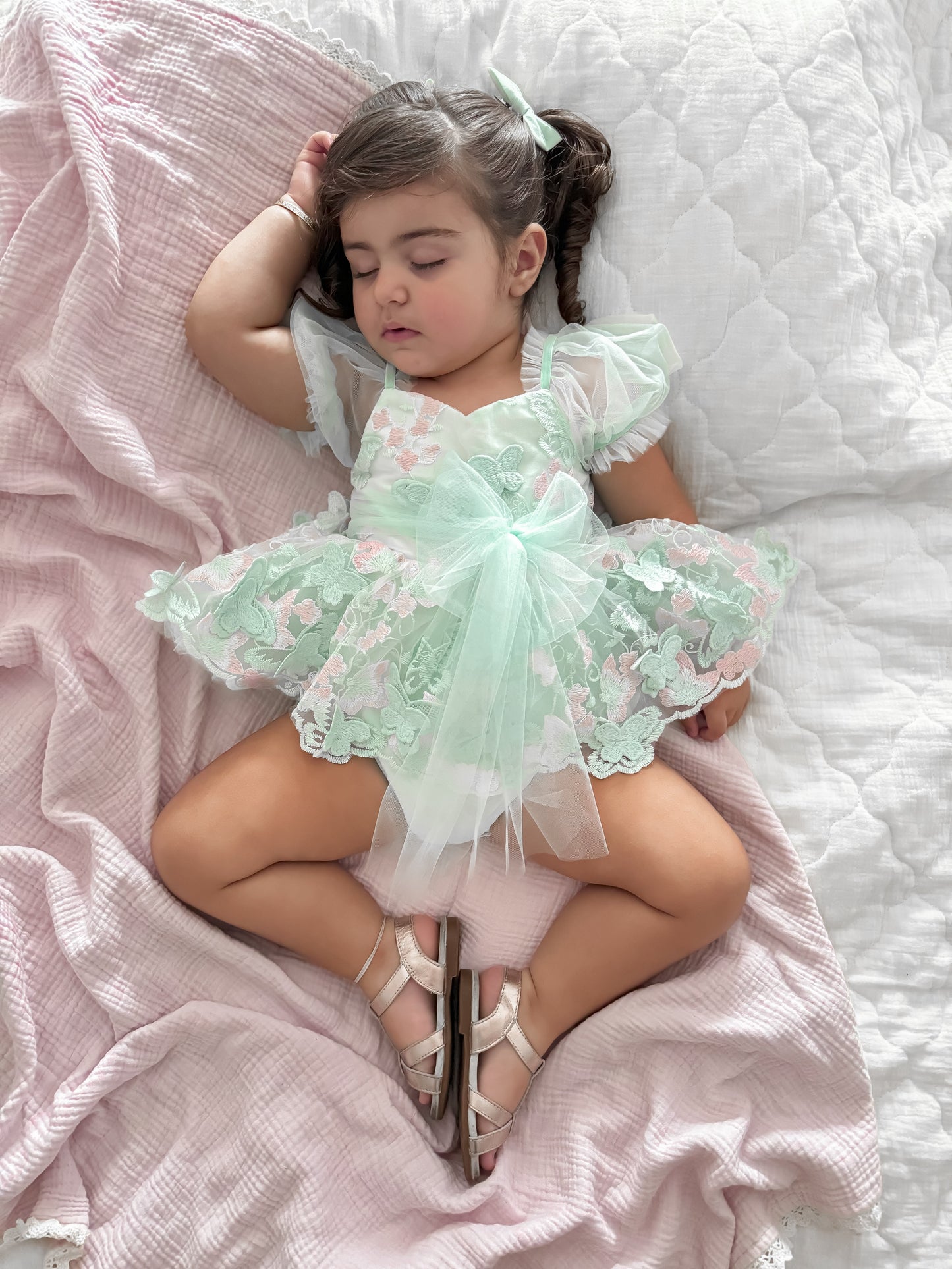 Butterfly Kisses Peppermint Pink Embroidered Baby Girl Tulle Party Romper