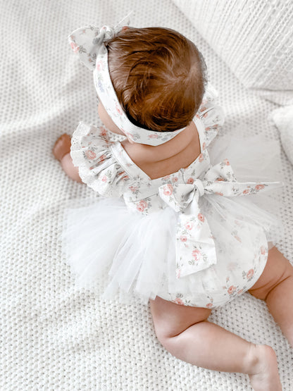 Cottage Fairy Baby Girl Floral White Tulle Party Romper