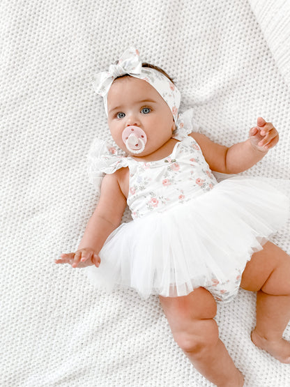 Cottage Fairy Baby Girl Floral White Tulle Party Romper