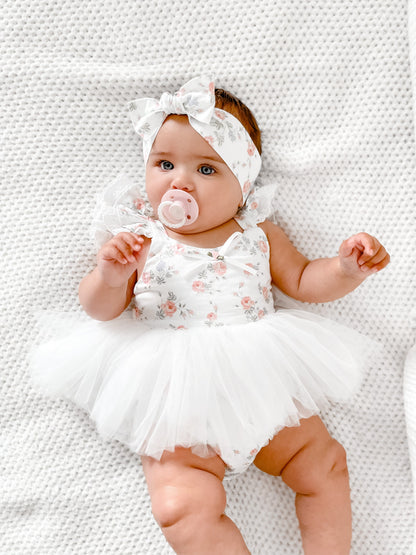 Cottage Fairy Baby Girl Floral White Tulle Party Romper
