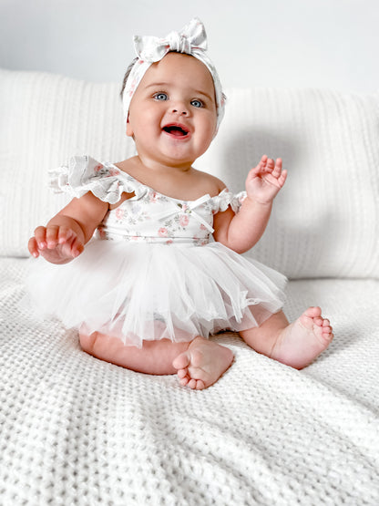 Cottage Fairy Baby Girl Floral White Tulle Party Romper