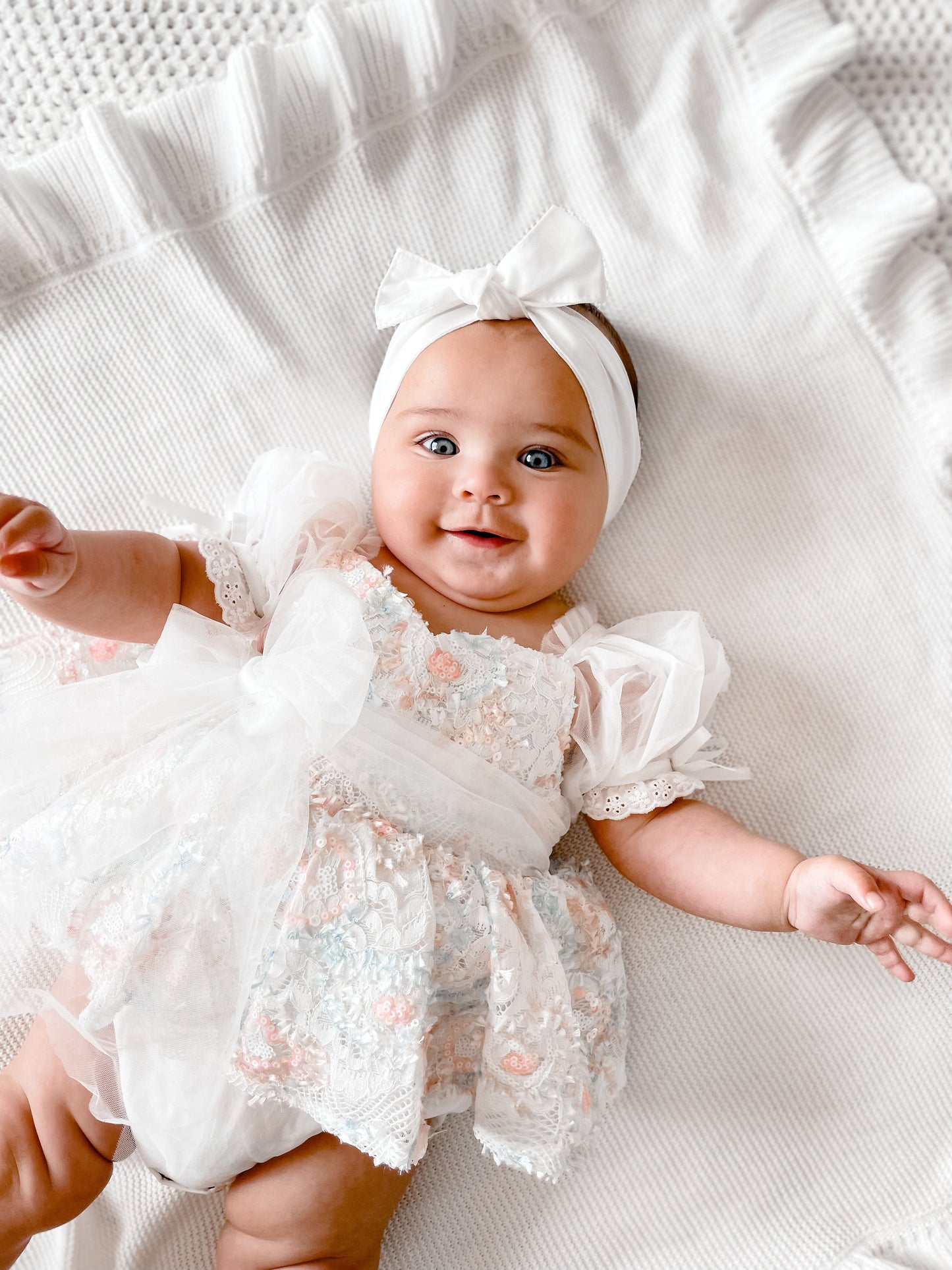 Josephine Lace Blossom Baby Girl Sequin White Tulle Party Romper