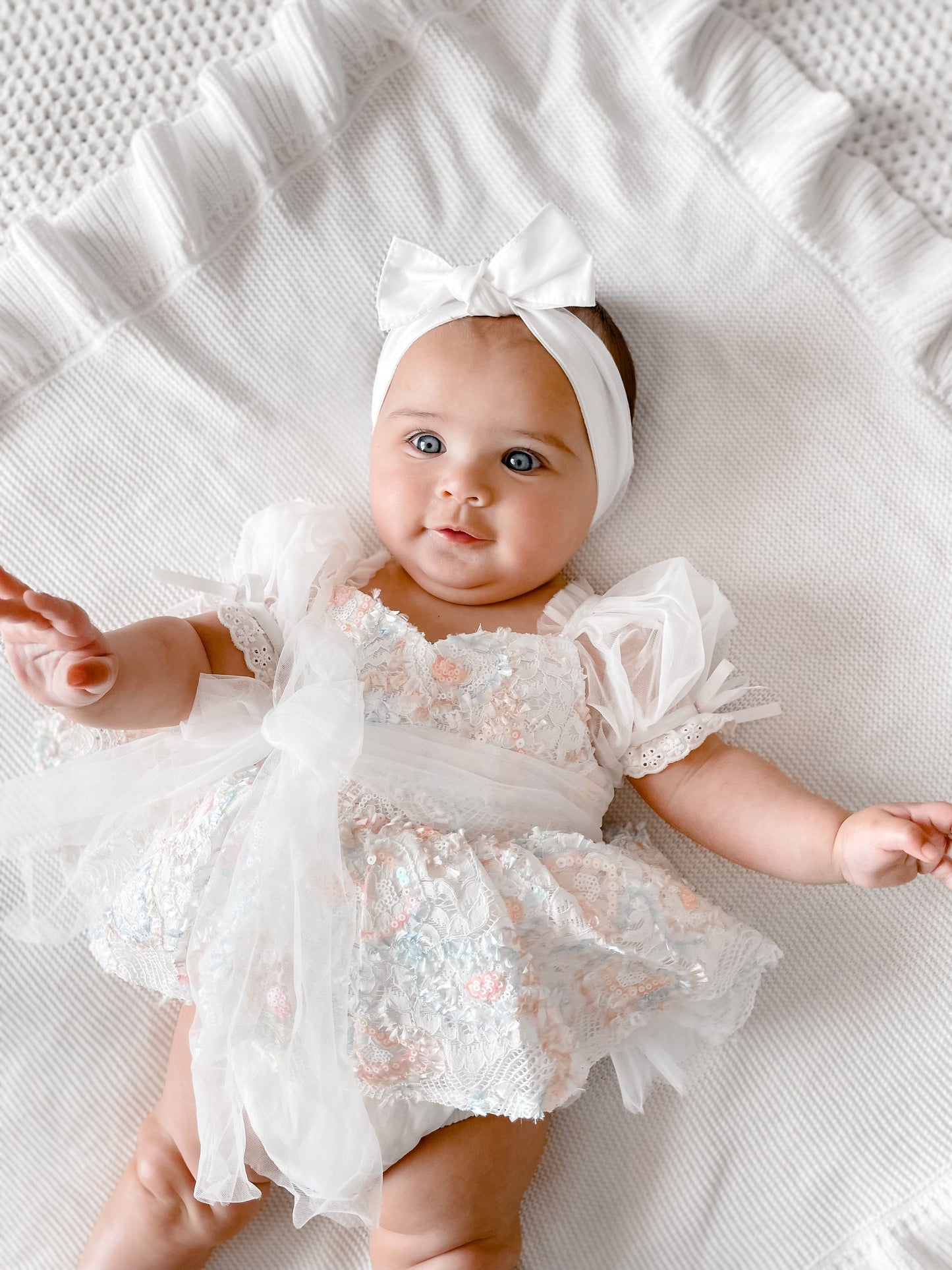 Josephine Lace Blossom Baby Girl Sequin White Tulle Party Romper
