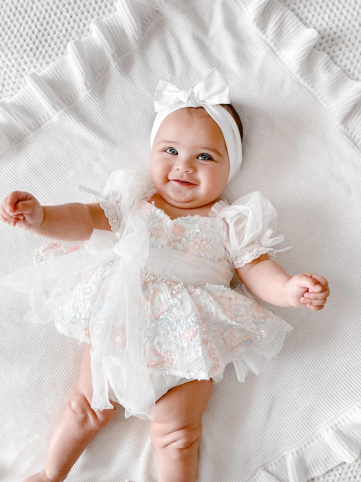 Josephine Lace Blossom Baby Girl Sequin White Tulle Party Romper