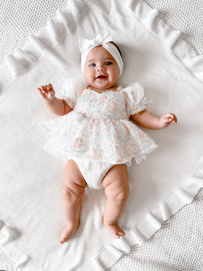 Josephine Lace Blossom Baby Girl Sequin White Tulle Party Romper