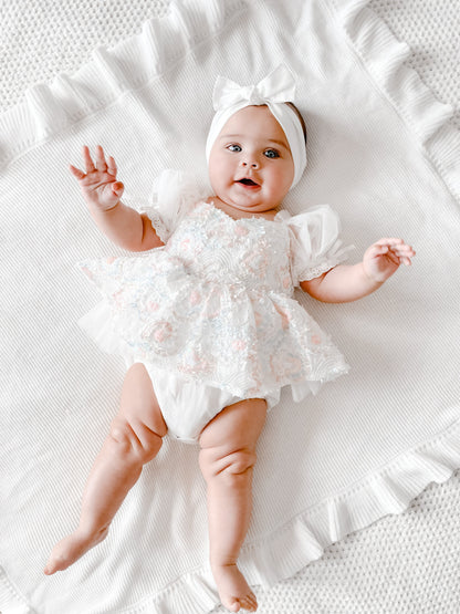 Josephine Lace Blossom Baby Girl Sequin White Tulle Party Romper
