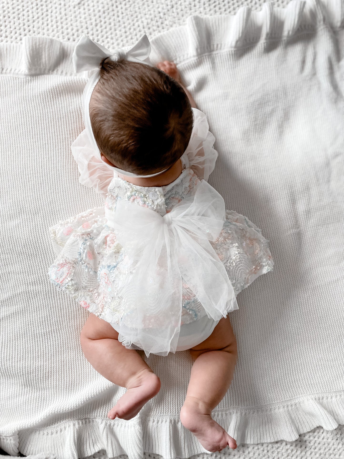 Josephine Lace Blossom Baby Girl Sequin White Tulle Party Romper