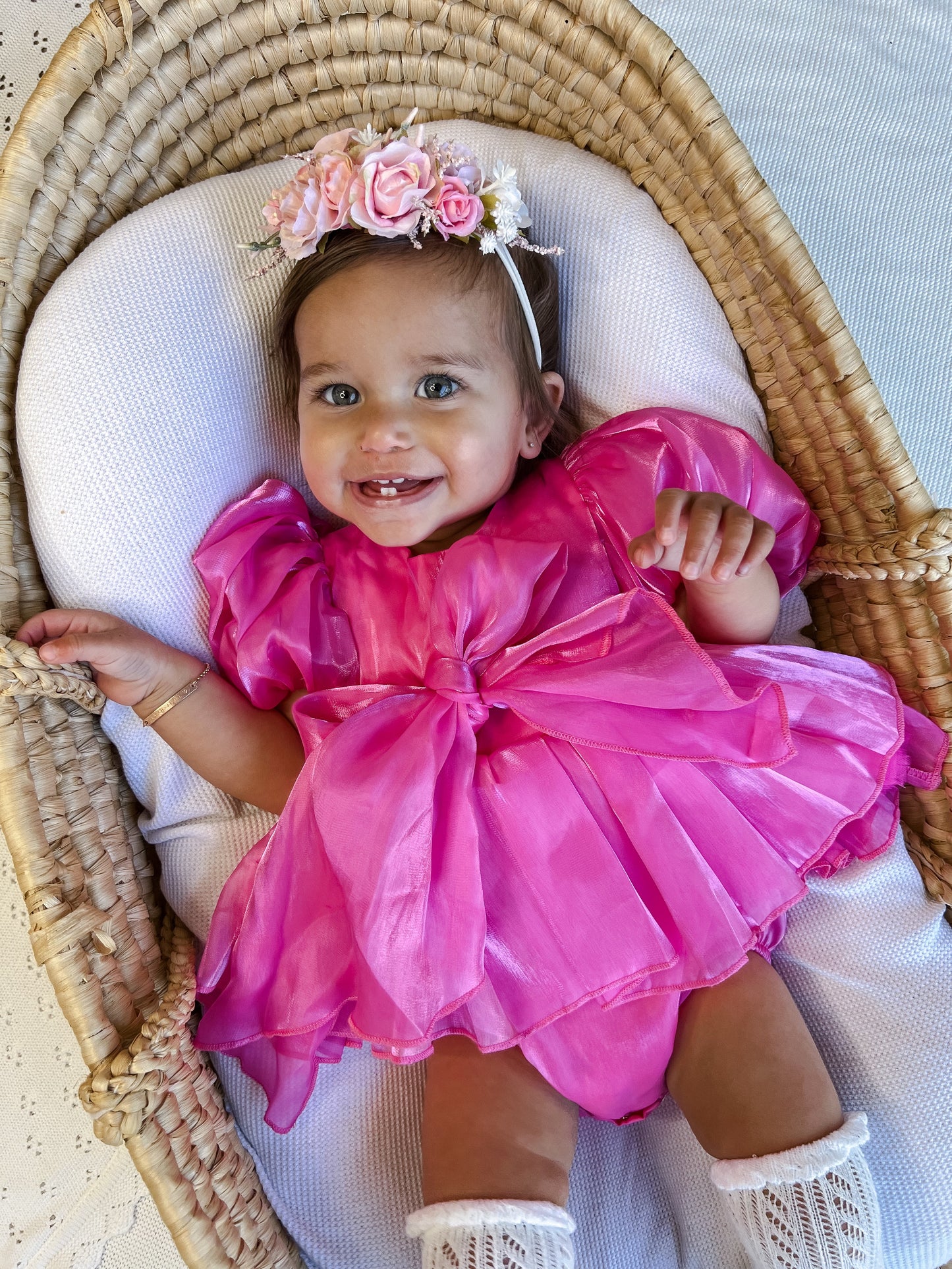 Dolly Fuchsia Pink Organza Baby Girl Party Romper