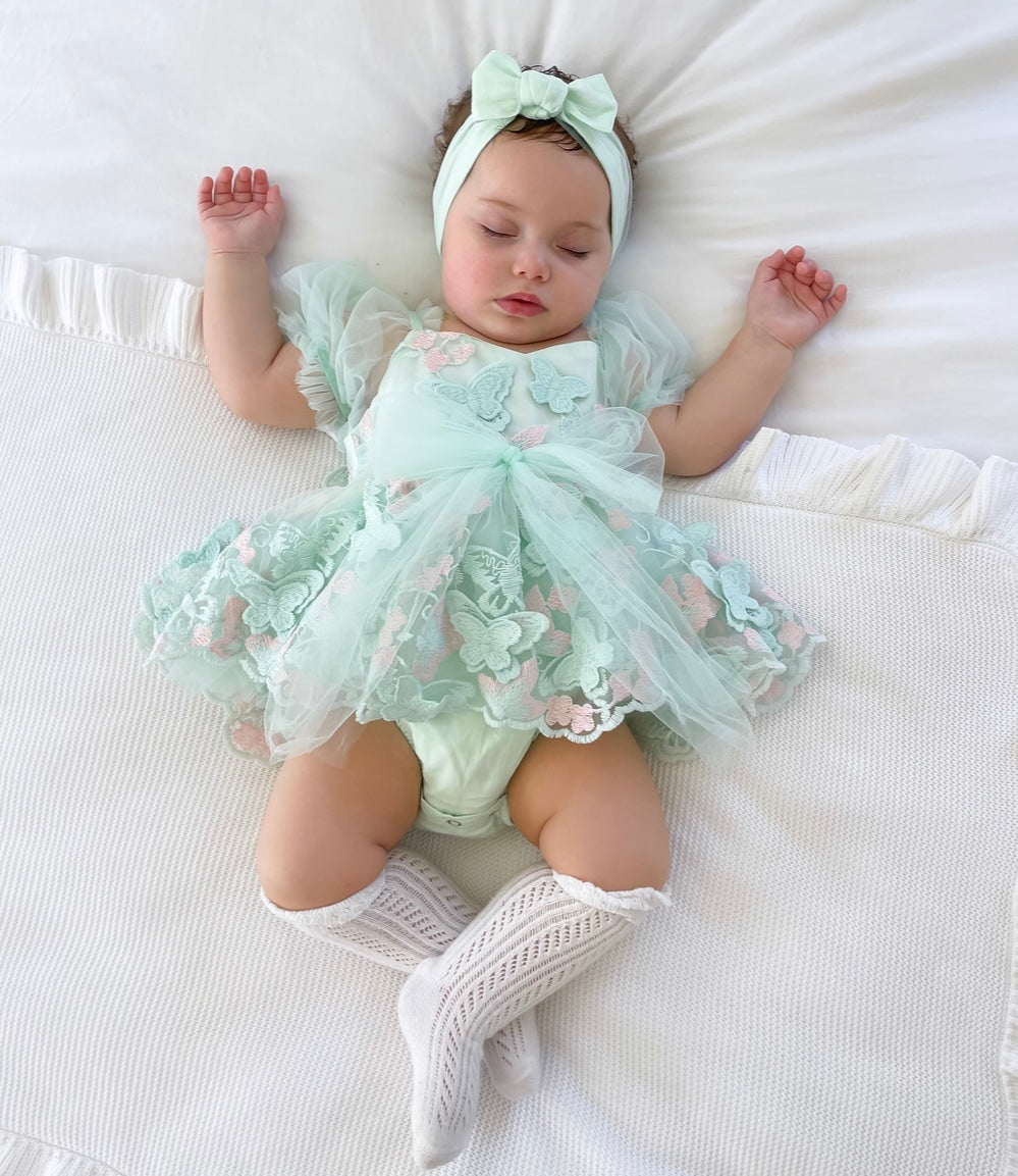 Butterfly Kisses Peppermint Pink Embroidered Baby Girl Tulle Party Romper