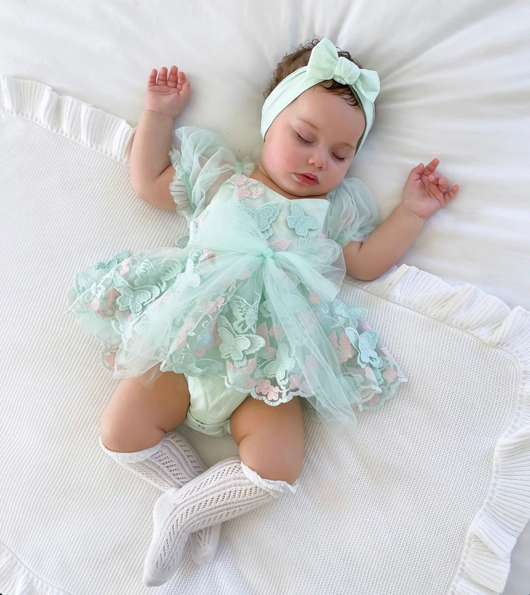 Butterfly Kisses Peppermint Pink Embroidered Baby Girl Tulle Party Romper