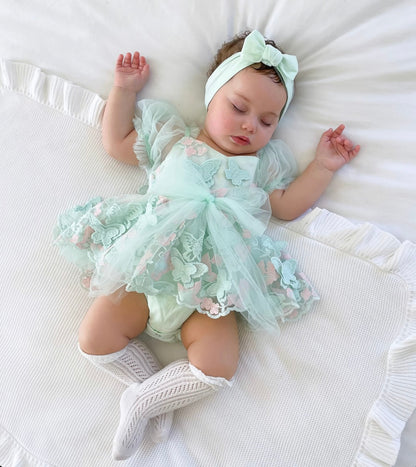 Butterfly Kisses Peppermint Pink Embroidered Baby Girl Tulle Party Romper