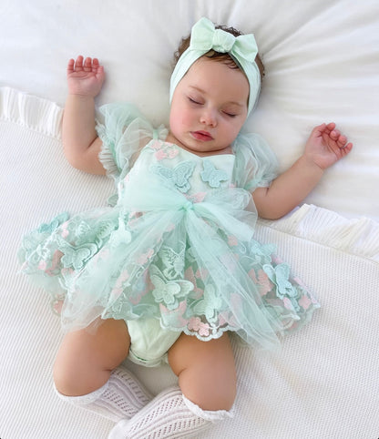 Butterfly Kisses Peppermint Pink Embroidered Baby Girl Tulle Party Romper