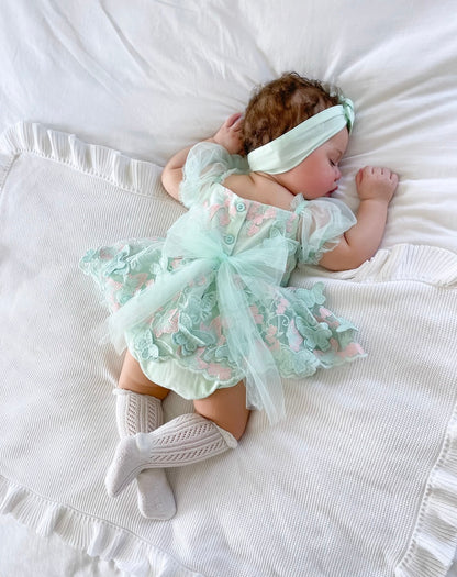 Butterfly Kisses Peppermint Pink Embroidered Baby Girl Tulle Party Romper