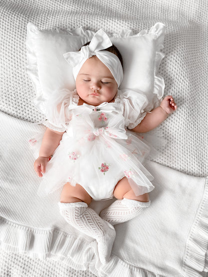 Fleur Butterfly Embroidered Baby Girl White Tulle Party Romper