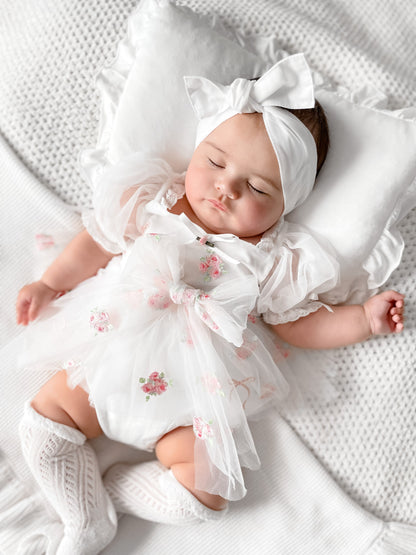Fleur Butterfly Embroidered Baby Girl White Tulle Party Romper