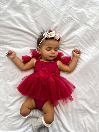 English Rose Romper Ruby Red Sparkle Baby Girl Romper