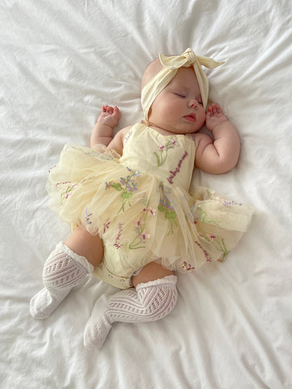 Sugar Plum Lemon Baby Girl Tulle Party Romper