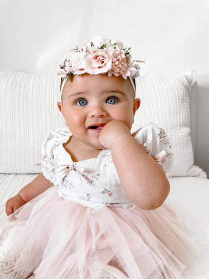 Odessa Flower Perfect Pink Floral Baby Girl Tulle Party Romper