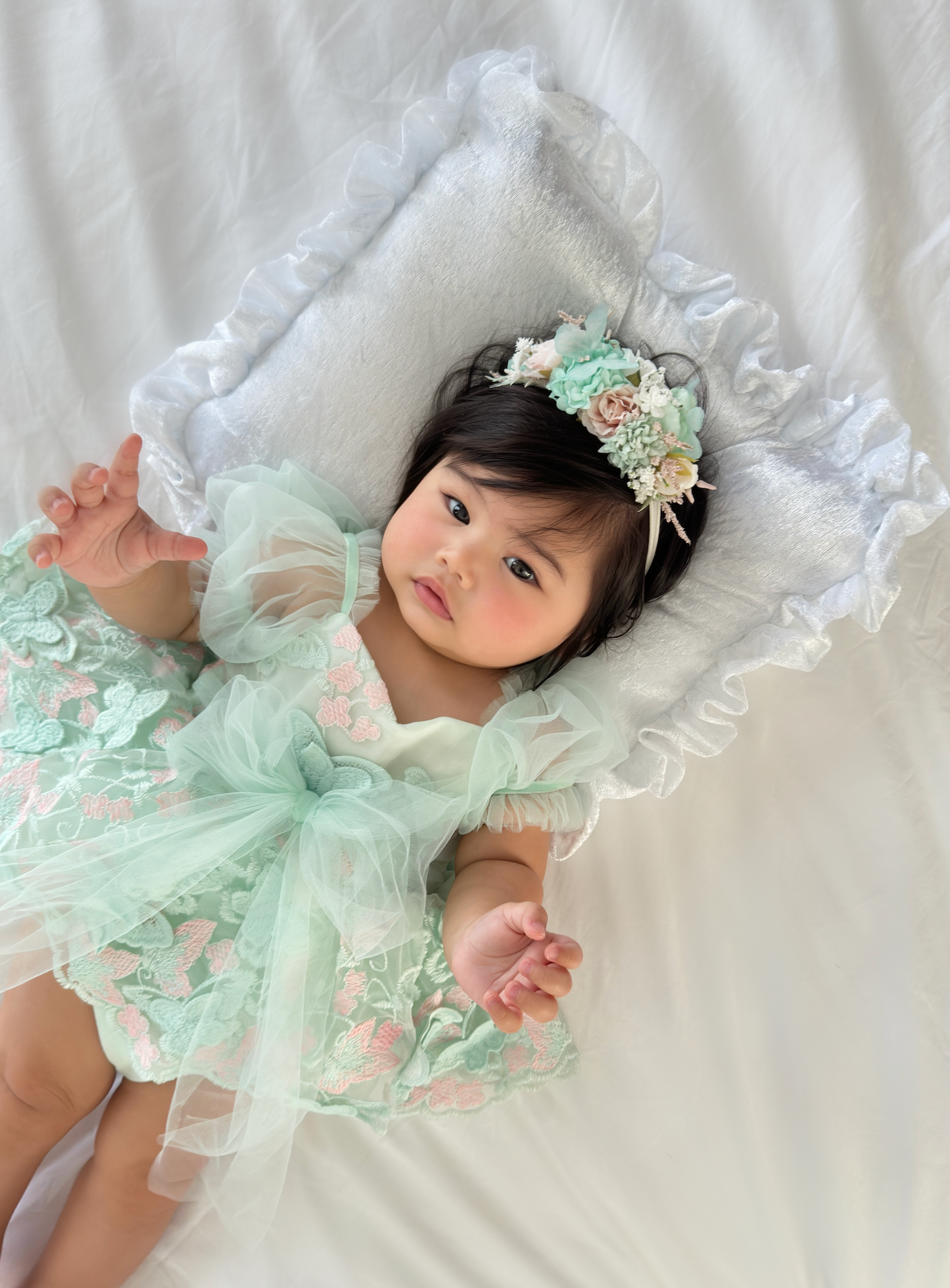 Butterfly Kisses Peppermint Pink Embroidered Baby Girl Tulle Party Romper