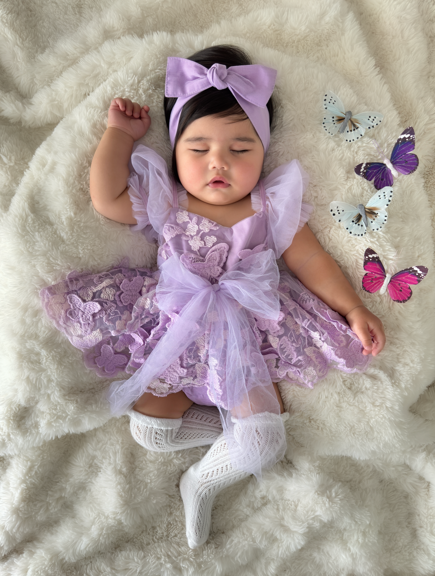 Butterfly Kisses Lilac Pink Rose Embroidered Baby Girl Tulle Party Romper