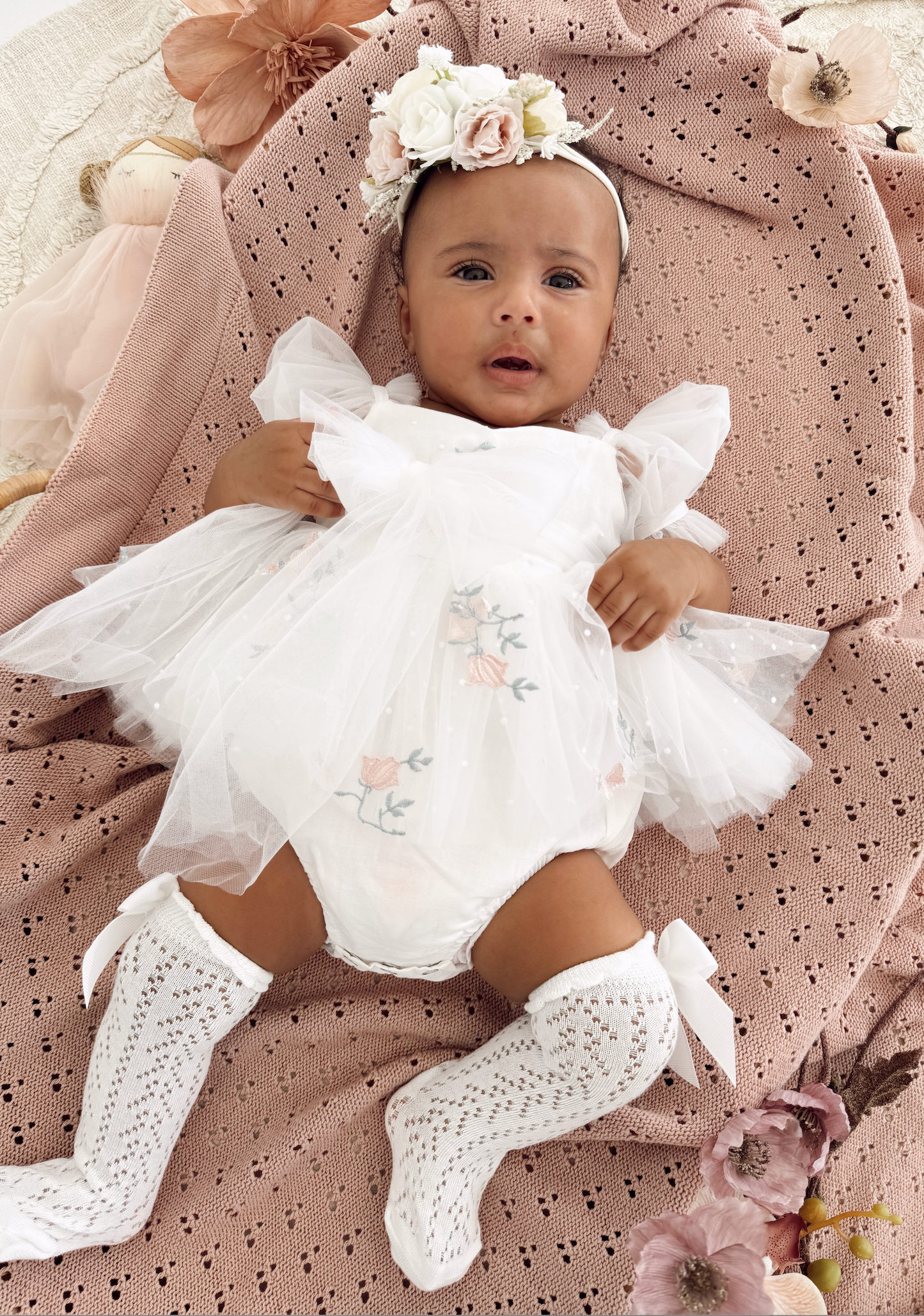 Swan Lake White Embroidered Baby Girl Tulle Party Romper