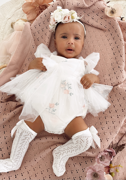 Swan Lake White Embroidered Baby Girl Tulle Party Romper